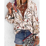 Women Blouse V-neck Long Sleeve Chains Print Loose casual Shirts