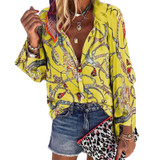 Women Blouse V-neck Long Sleeve Chains Print Loose casual Shirts