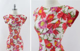 Vintage 60s Hawaiian Style Mermaid Hem Floral Sheath Dress S