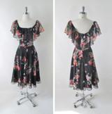 Vintage 70s Black Sheer Floral Ruffled Party Dress M