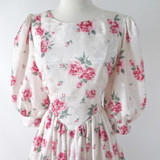 Vintage 80s Red Pink Roses Full Skirt Tea Party Dress L
