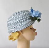 Vintage 60s Light Blue Rose Straw Bucket Hat