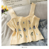 Women Knitted Crop Camis Top Ladies Floral Embroidery Knitted Short Vest Summer Sweater Vintage Tank Crop Camis Top