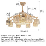 Ceiling Fan Light Crystal With Remote Control Modern Luxury Gold Lamp.