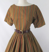 Vintage 50's 60's Autumn Stripe Full Skirt Day Dress L