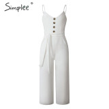 Spaghetti Strap Women Knee Length Jumpsuit Elegant Sashes Buttons
