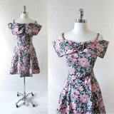 Vintage 80s Off The Shoulder Floral Mini Dress M