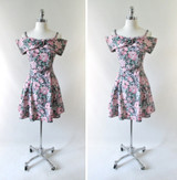 Vintage 80s Off The Shoulder Floral Mini Dress M