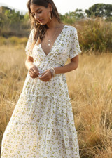 Women Floral Print Elegant Boho Long Ruffle Short-Sleeve V-Neck Dress