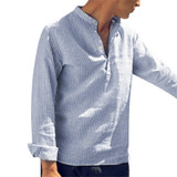 Men Helisopus Shirt Cotton Long Sleeve Striped Slim Fit Stand Collar