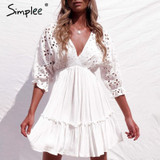 Simplee Women Elegant V Neck Embroidery Ruffle Pleated Cotton Lace Up Sleeveless Dress