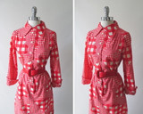 Vintage 60's I Magnin Gingham Flower Shirt Dress M