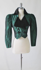 Vintage 80's Victorian Revival Green Sharkskin Taffeta Bolero Cropped Jacket S