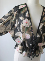 Vintage 70's Romantic Black Sheer Tie Front Floral Top Blouse L / M