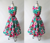 • Vintage 80's / 50's Inspired Tropical Flowers Full Skirt Day Dress