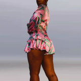 Floral Print V-neck Sexy Blouse and Shorts Two Piece Set