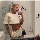 Casual Solid White Two Piece Pants Set Crop Top Lounge Tracksuit
