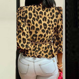 Sexy Deep V-Neck Leopard Print Belted Fashion Top