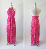 Vintage 60's 70's Psy Paisley Smocked Halter Dress M