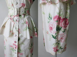 • Vintage 80's Pink Garden Roses Peplum Dress M