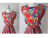Vintage 80's Red Vacation Post Card Shorts Playsuit Romper