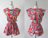 Vintage 80's Red Vacation Post Card Shorts Playsuit Romper