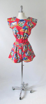 Vintage 80's Red Vacation Post Card Shorts Playsuit Romper