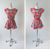 Vintage 80's Red Vacation Post Card Shorts Playsuit Romper
