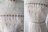Vintage 60's Off White Crochet Lace Dress Velvet Trim Maxi Dress S
