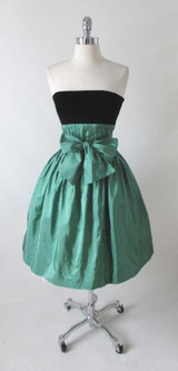 • Vintage 80's Strapless Green Silk Black Velvet Full Skirt Party Dress S