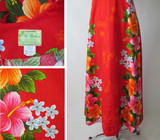 Vintage 60's Red Hawaiian Pink Orange Flower Barkcloth Maxi Dress M