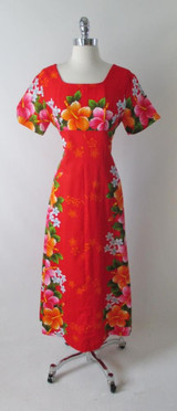 Vintage 60's Red Hawaiian Pink Orange Flower Barkcloth Maxi Dress M