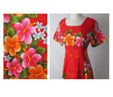Vintage 60's Red Hawaiian Pink Orange Flower Barkcloth Maxi Dress M