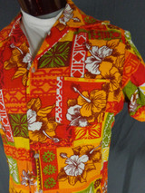 Vintage Red Orange & White Barkcloth Colorblock Hawaiian Shirt 44