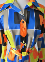 Vintage 60's 70's Lanvin Paris MOD Color Block Button Down Shirt Shift Dress M