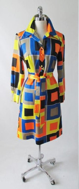 Vintage 60's 70's Lanvin Paris MOD Color Block Button Down Shirt Shift Dress M