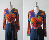 Vintage 70's Patchwork Wrap Top Blouse M / L