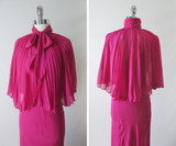Vintage 40's Chiffon Evening Gown Matching Accordion Pleated Capelet S
