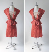 • Vintage 70's Calico Floral 40's Look Dress & Peplum Jacket Rosette Set M