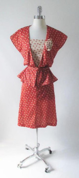 • Vintage 70's Calico Floral 40's Look Dress & Peplum Jacket Rosette Set M