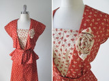 • Vintage 70's Calico Floral 40's Look Dress & Peplum Jacket Rosette Set M