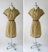 Vintage Early 60's Brown Yellow Gingham Plaid Shirt Button Day Dress & Belt M