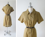 Vintage Early 60's Brown Yellow Gingham Plaid Shirt Button Day Dress & Belt M
