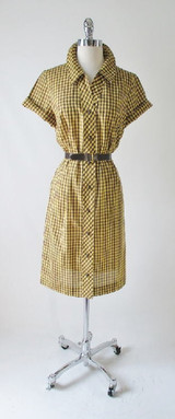 Vintage Early 60's Brown Yellow Gingham Plaid Shirt Button Day Dress & Belt M
