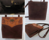 • Vintage 50's Tooled Leather Brown Suede Peep Toe Heels Matching Handbag Purse 8