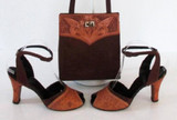 • Vintage 50's Tooled Leather Brown Suede Peep Toe Heels Matching Handbag Purse 8