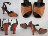 • Vintage 50's Tooled Leather Brown Suede Peep Toe Heels Matching Handbag Purse 8