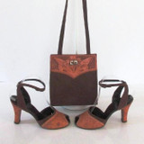 • Vintage 50's Tooled Leather Brown Suede Peep Toe Heels Matching Handbag Purse 8