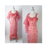 Vintage 50's Pink Lace Mermaid Hem Party Dress Matching Wrap Gown S
