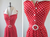 Vintage 70's Red Polka Dot Playsuit Shorts Romper W Matching Belt S
